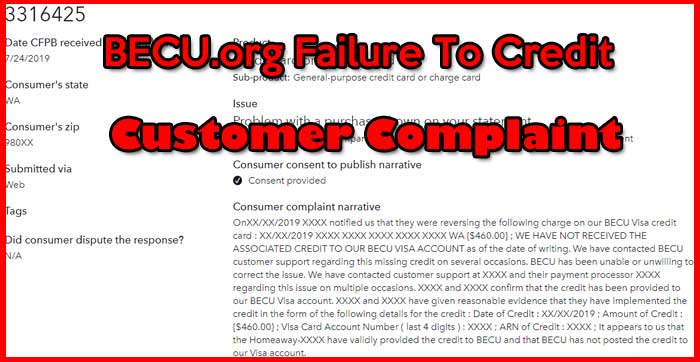 BECU.org Fails To Credit Customer's Credit Card